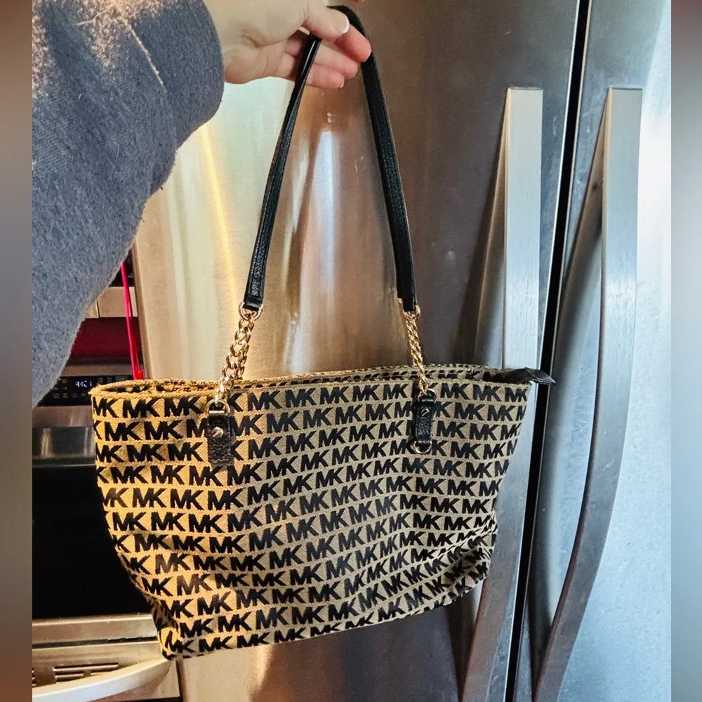 Michael Kors Black & Beige MK Logo Chain-Accent Tote